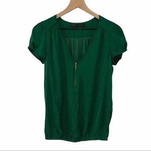 Zara Basics green vneck blouse XS